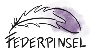 Logo von Federpinsel. Eine Feder mit violetter Farbe an der Spitze über dem Schriftzug "Federpinsel".